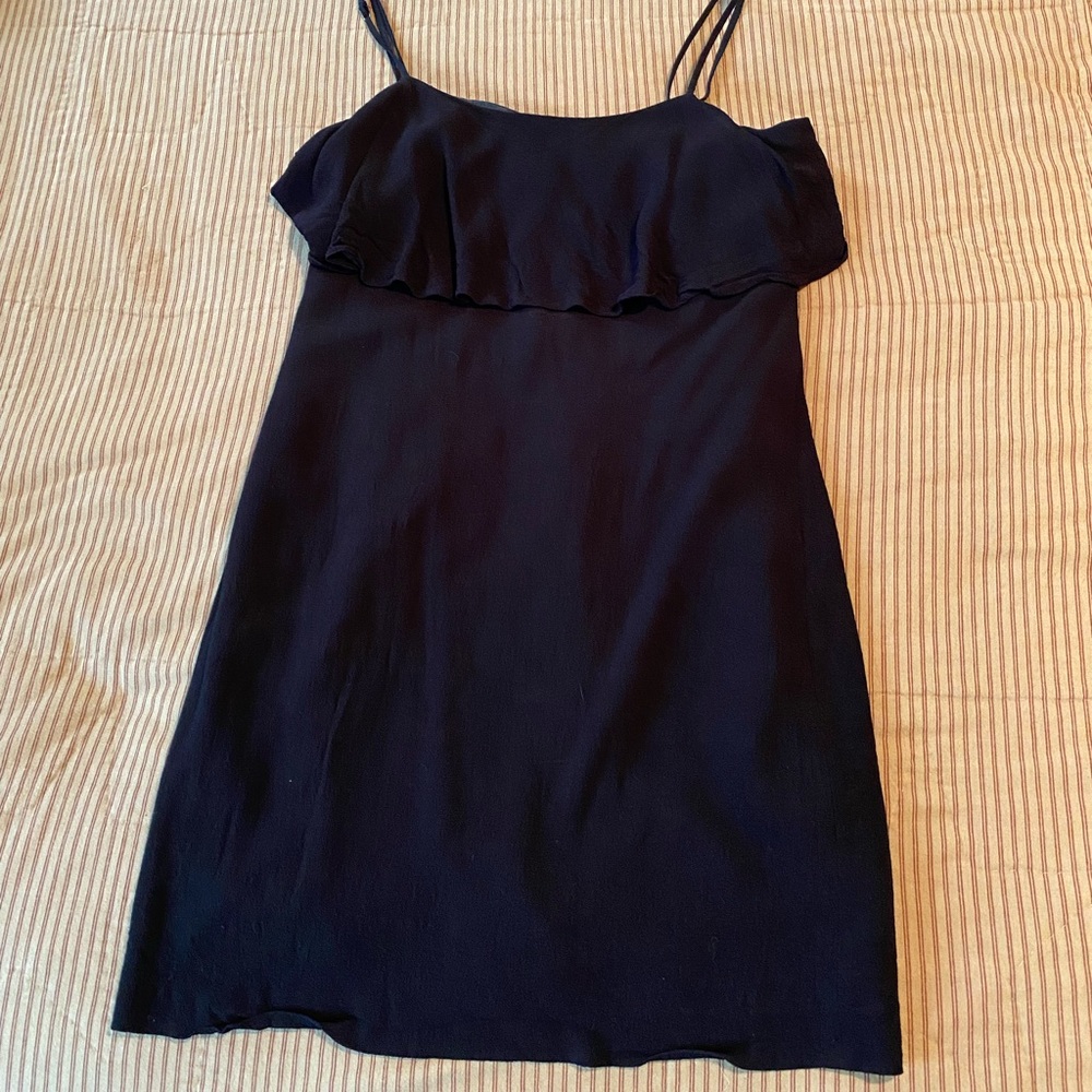 J Crew Black Dress with Ruffle Top. Spaghetti straps. Lined. Size 10.